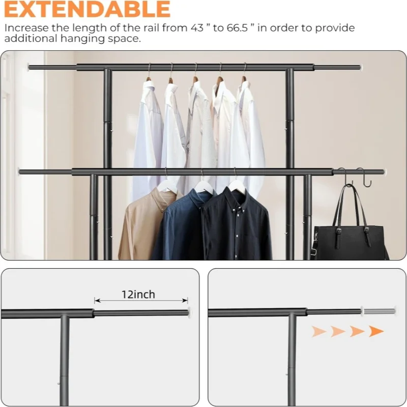 

Black Two-Bar Storage Supplies Standard Load Extendable Metal Clothing Racks with Wheels and Mesh Drying Racks