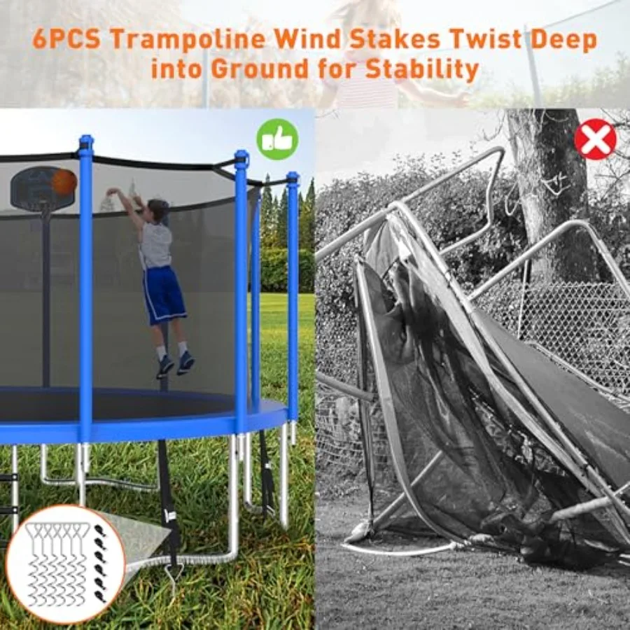 Outdoor backyard recreational jumper for kids and adults: 1500LBS capacity no-gap design 816 FT sizes enclosure net wind stakes