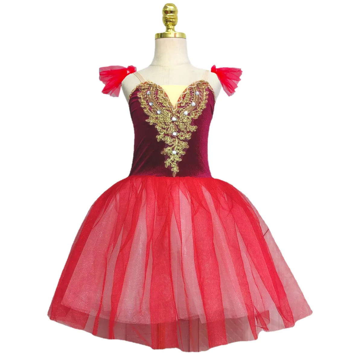 赤いバレエチュチュ女性ドレスパフォーマンス服白鳥ベリーダンススカートバレエ衣装女の子のためのベルベットトップス
