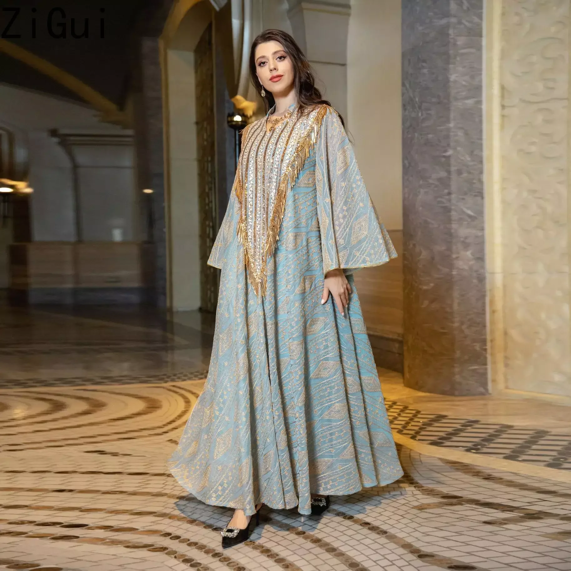 Zigui Jalabya Arabic Dress Women Sequin Tassel Kaftan Long Sleeve Mesh Embroidery Flare Sleeve Muslim Abaya Dress Dubai