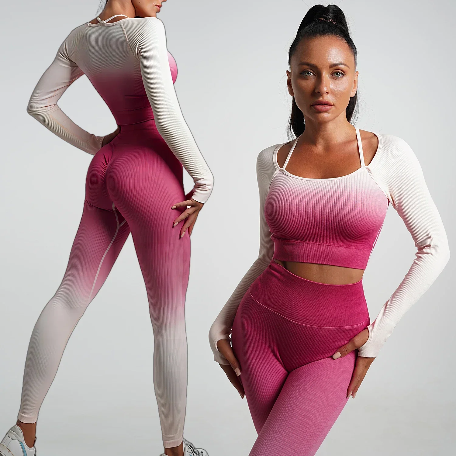 Seamless Gradient Yoga Sets Sports Fitness High Waist Hip-Lifting Pants Long-Sleeved Suits Workout Gym Leggings Sets for Women