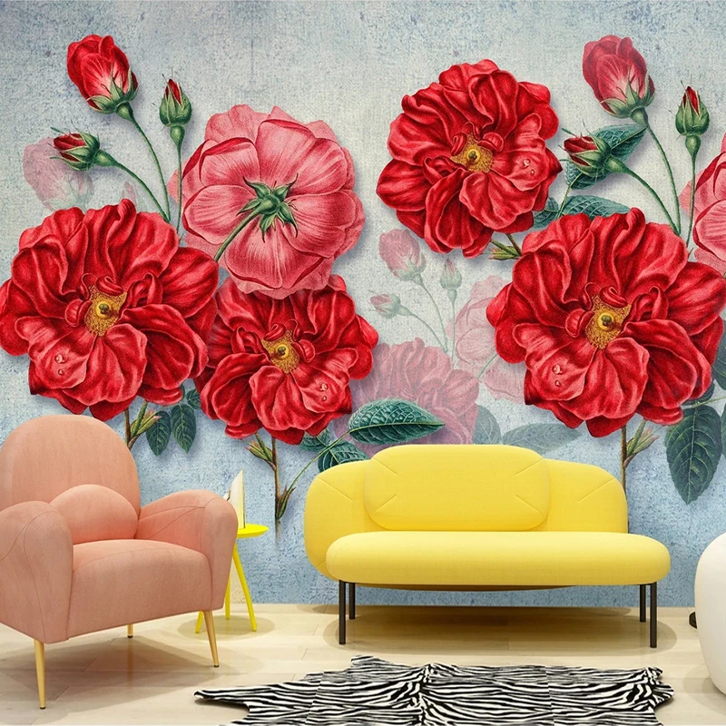 

Custom Retro Red Flowers Wallpaper Mural Romantic Modern Living Room Bedroom Background Wall Decoration Painting Papier Peint 3D