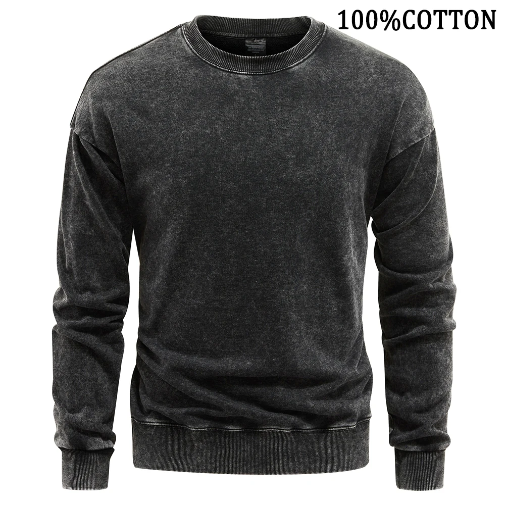 

2024 New Black Solid Color Mens Sweatshirt Vintage Washed Sweatshirts Autumn Winter Hoodie Long Sleeve Loose Hooded Casual Top