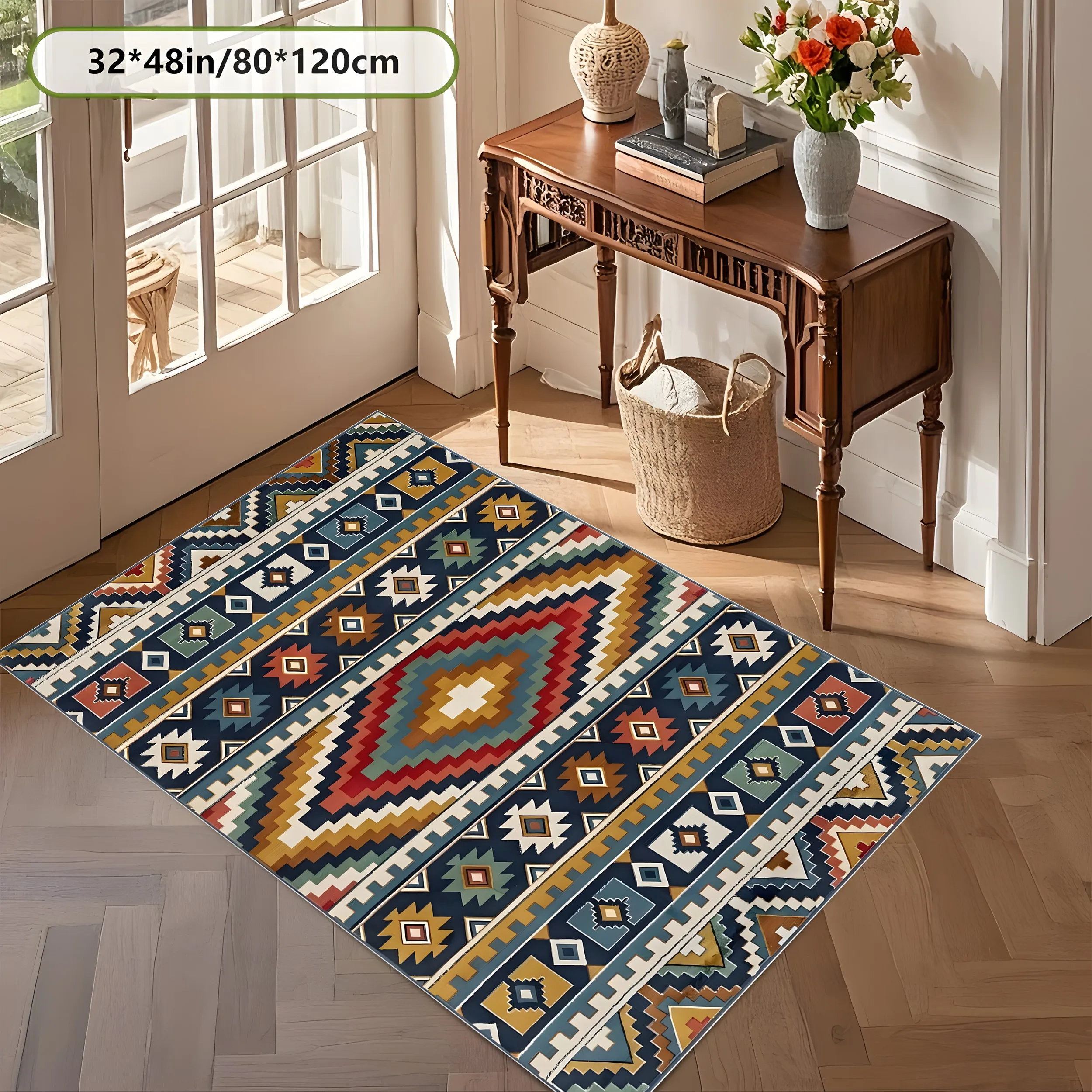 Bohemian Ethnic Carpet, Geometric Diamond Print, Soft Skin-Friendly Velvet Texture for Living Room Bedroom Home Decor