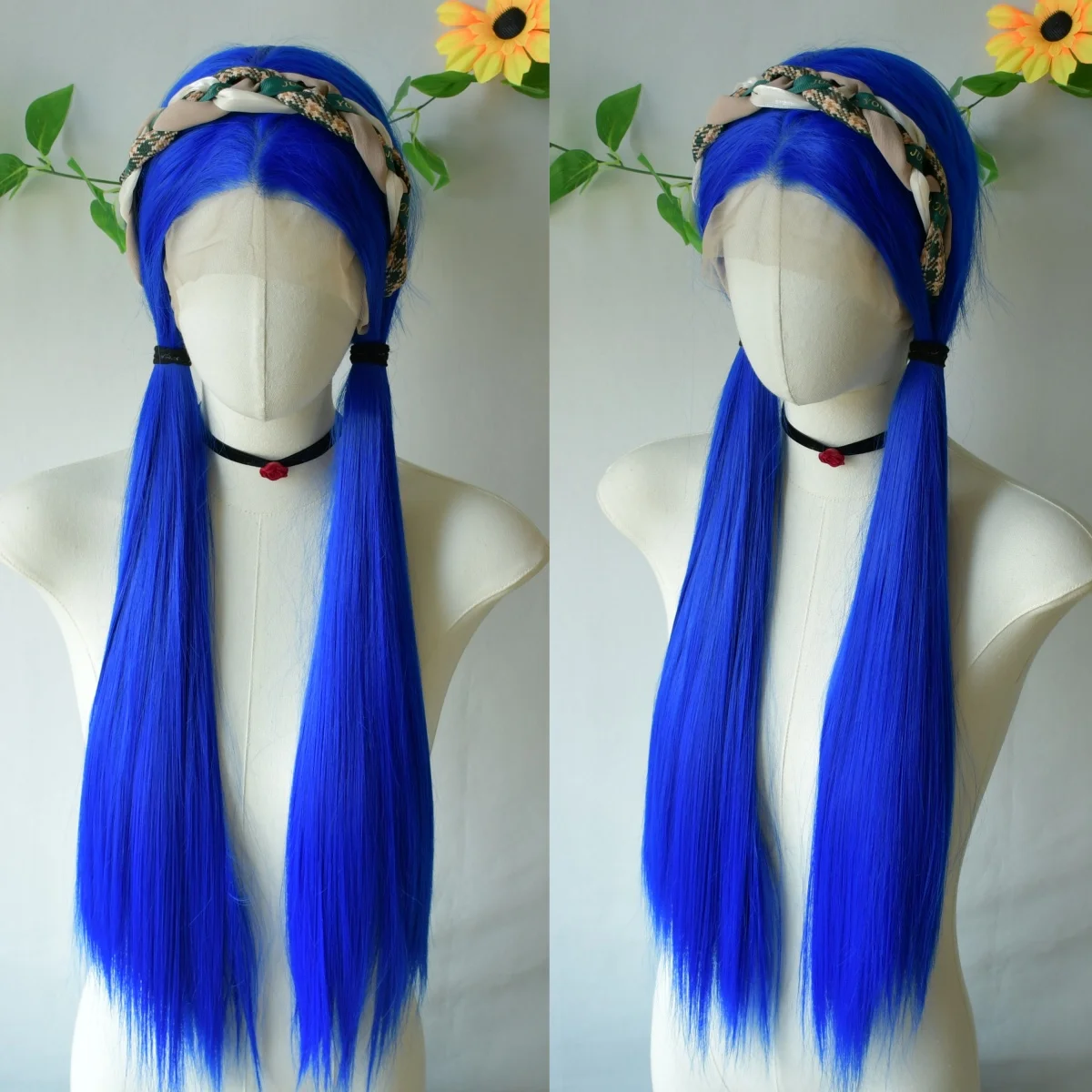 Blue Wig Bone Straight Lace Front Wig Glueless 13x4 HD Synthetic Lace Frontal Wigs for Women Pre Plucked Daily Use Cosplay