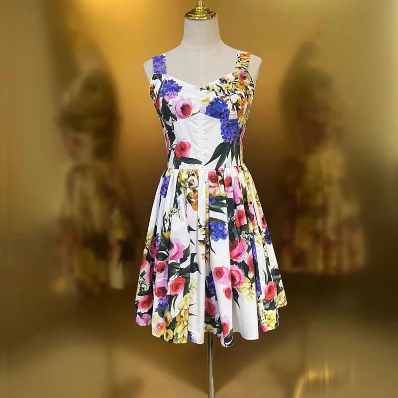 Women\'s Rose Print Shoulder Strap Dress, Sexy Mini Skirt, High Quality, Beach Vacation, Casual, New Fashion, Summer, Y2K, 2024