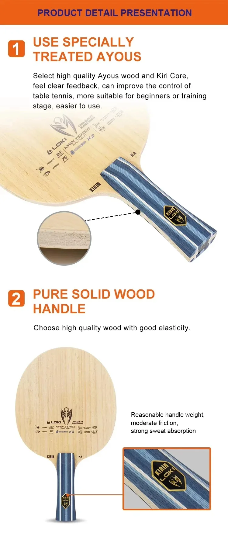 LOKI KIRIN K1/K2/K3 Tischtennisschläger FL Griff 7/5-Lagen OFF+ Ping Pong Schläger Reines Holz Carbon GNF Faser Anfänger – Detail 8