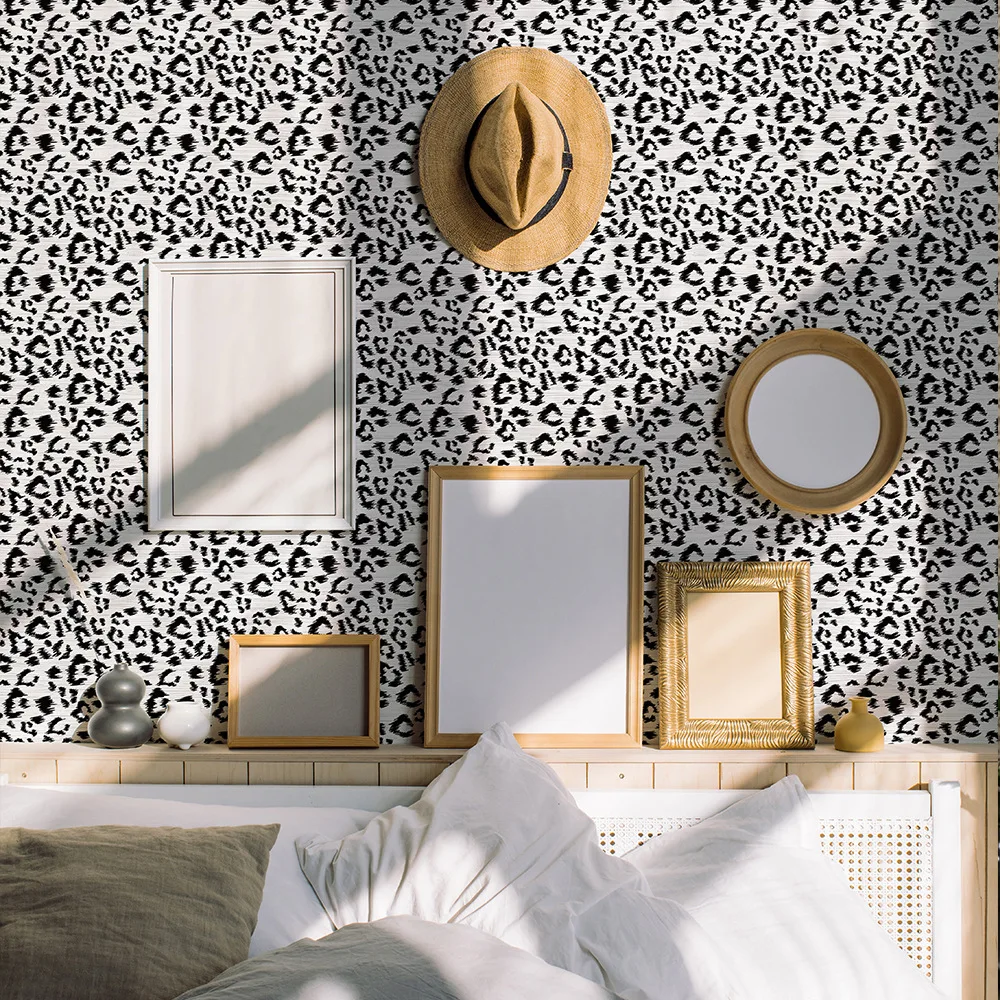 Black White Leopard Print Wallpaper PVC Peel and Stick Wallpapers Retro Cabinet Sticker for Living Room