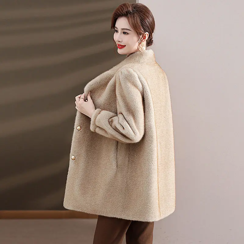 2024 Winter New Environmental Protection Rex Fur Coat Women Fashion All-Match Loose Mid-Length Imitated Mink Fur Outwear LX301