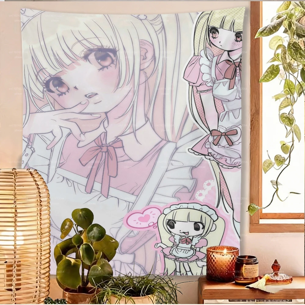 Y2K Kawaii Maid Anime Tapestry Cute Pink Aesthetic Wall Hanging for Harajuku Room Decor