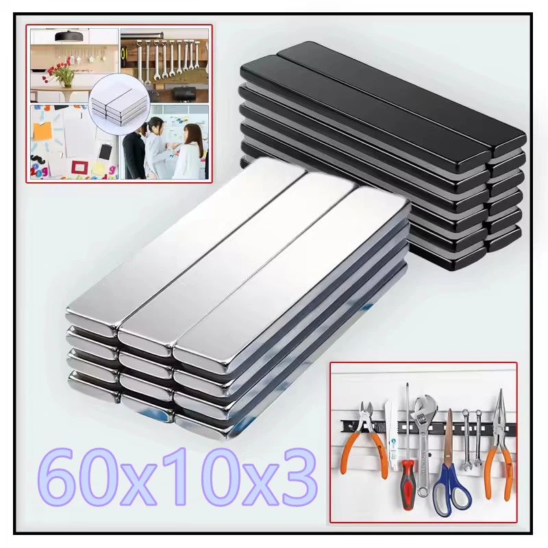 60x10x3mm Silver Black Rectangular Fridge Magnets Heavy Duty Magnet Strong Magnetic Hook Perfect For Kitchen Photo Garage Office