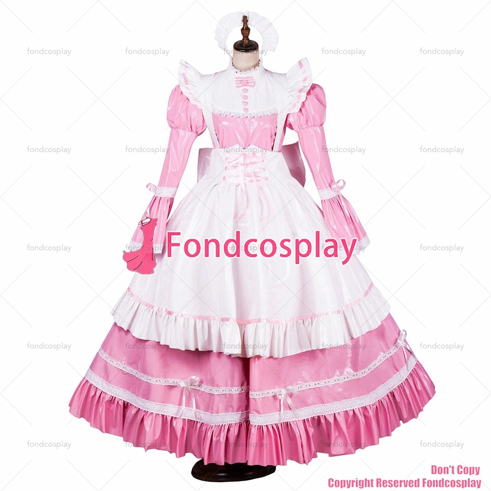 fondcosplay adult sexy cross dressing sissy maid long lockable baby pink thin PVC vinyl dress white apron CD/TV[G1787]