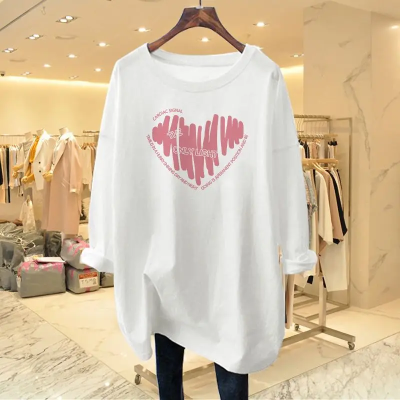 Women Clothing Chic Hand-Painted Love Printing T-shirt Autumn Casual Loose Pure Cotton Long Sleeve Top Tee Office Lady Pullovers