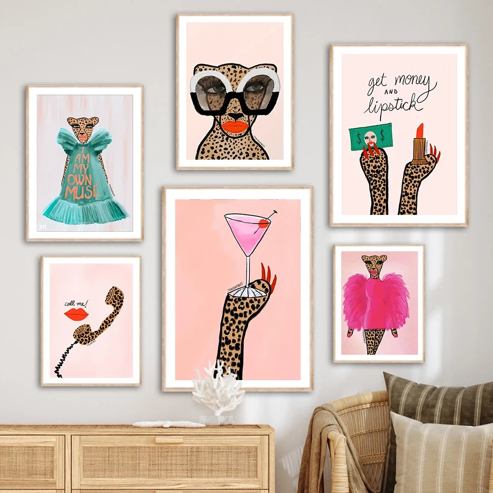 (No frame)Fashion Leopard Lipstick Sunglasses Wall Art Poster Print Colourful Quote Funny Retro Canvas Painting Living Room N