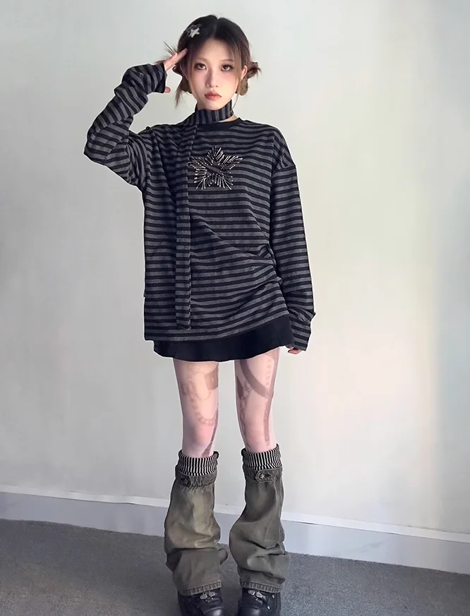 Y2k Aesthetic Fashion Oversized Grunge T-shirt Autumn Striped Long Sleeve Top Loose Tee Shirt High Streetwear Harajuku Tshirts