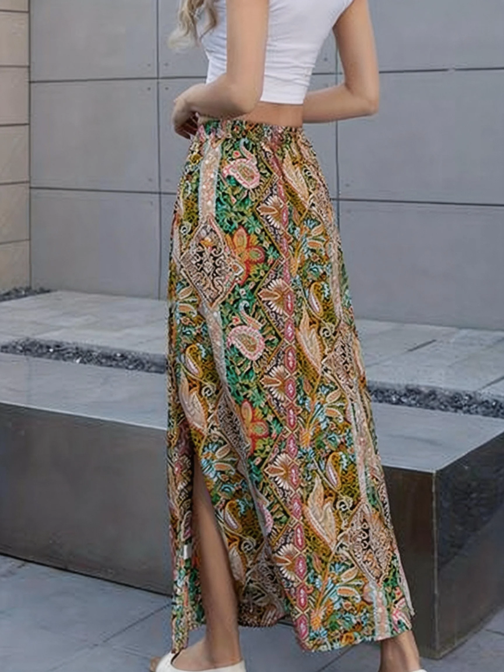 High Waist Elastic Waist Long Skirt Retro Print Side Slit Half Body Swing Skirt Vintage Floral Long Dress