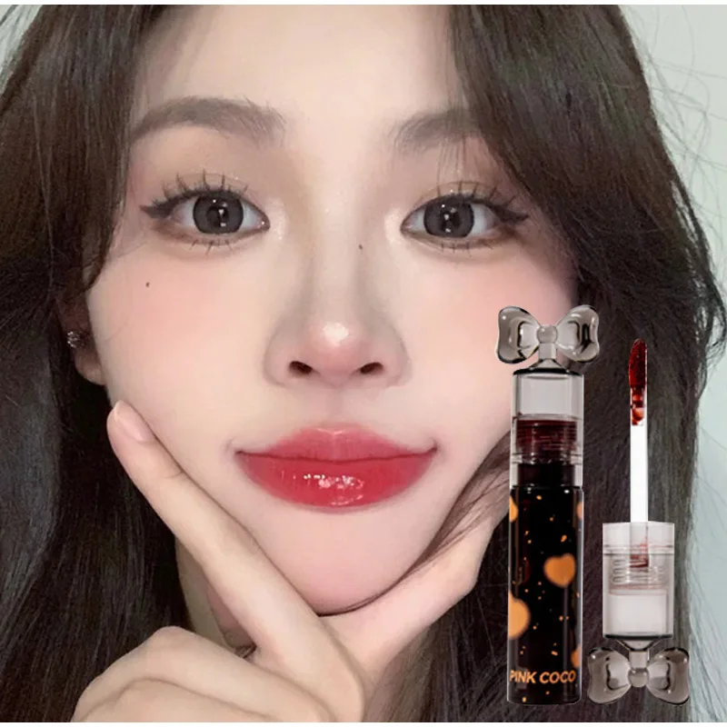 Lip Gloss cermin pelembab tahan lama, lipstik Jelly Cup tidak mudah lengket, detak jantung transparan Mocha Lipglaze riasan Korea