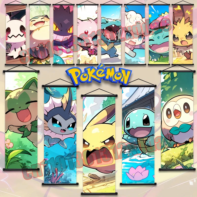

Pokemon Cartoon Poster, Eevee, Bulbasaur, Charmander, Gengar, Print Art White Canvas Scroll Painting, Living Room Art Decoration