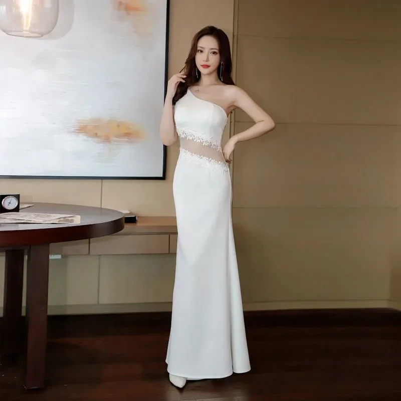 Hot selling No. 66 evening dress 2024 new temperament fishtail one-shoulder long high-end waistless dress