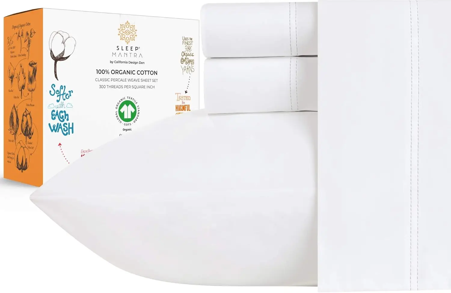 Conjunto de lençóis de algodão orgânico, Crisp e Arrefecimento, Percale Weave, Soft Respirável, Eco, 4 Piece Bedding Set, 100%