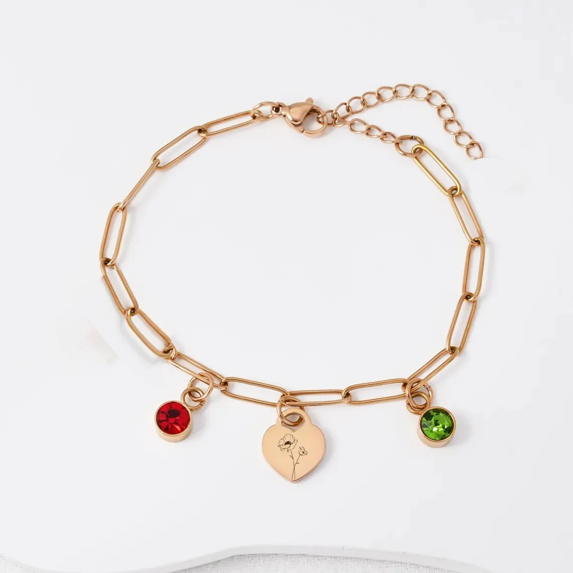 Customized Engraved Name Heart Bracelet Anklet for Women Stainless Steel Personalized Birthstone Paperclip Chain Jewelry Gift