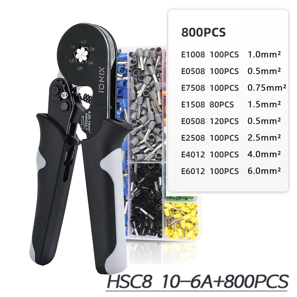 XINQI HSC8 10-6A 0.08-10mm 23-7AWG Adjustable Precise Hexagon Tube Bootlace Terminal Crimping Pliers Crimp Hand Tools