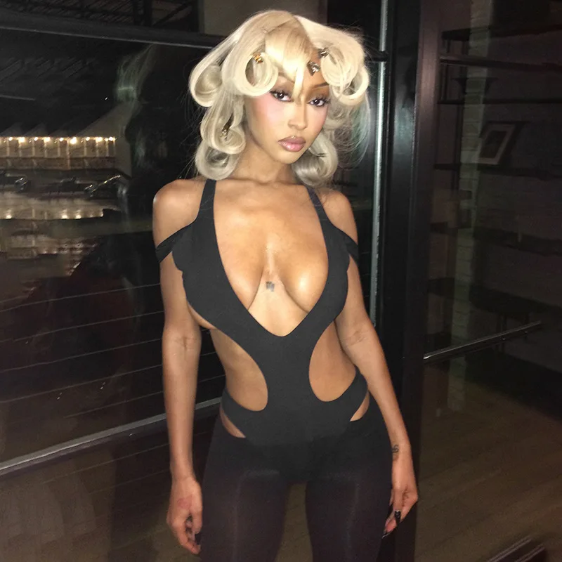 Gtpdpllt Sexy Black Bodysuit Lingеrie Woman Summer Rave Festival Clothing Hollow Out Halter Top Backless Bodysuits Clubwear