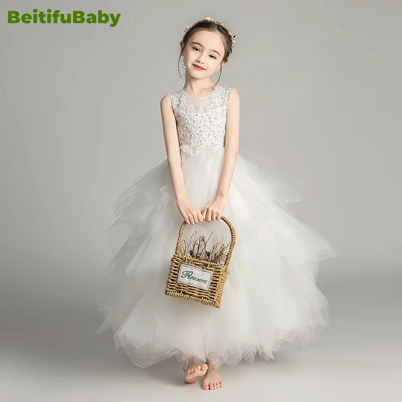 BeitifuBaby-Apliques de gaze vintage concurso vestidos para meninas, vestido de florista, festa de casamento, estilo princesa