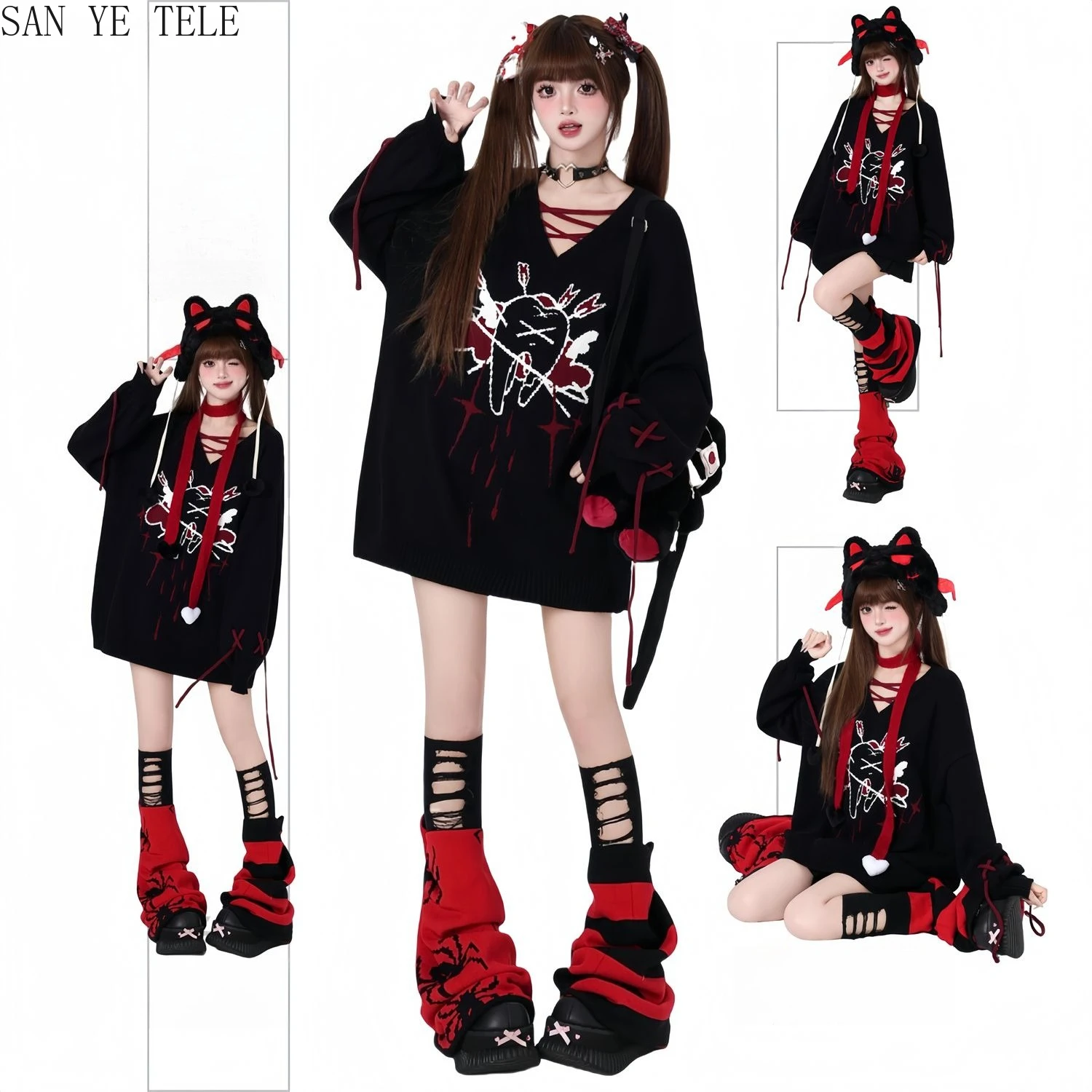 Subculture Sweet V-neck Casual Loose Tops Pullover Sweater Long Sleeve Autumn Winter Women Harajuku Grunge 2000s Y2k Female