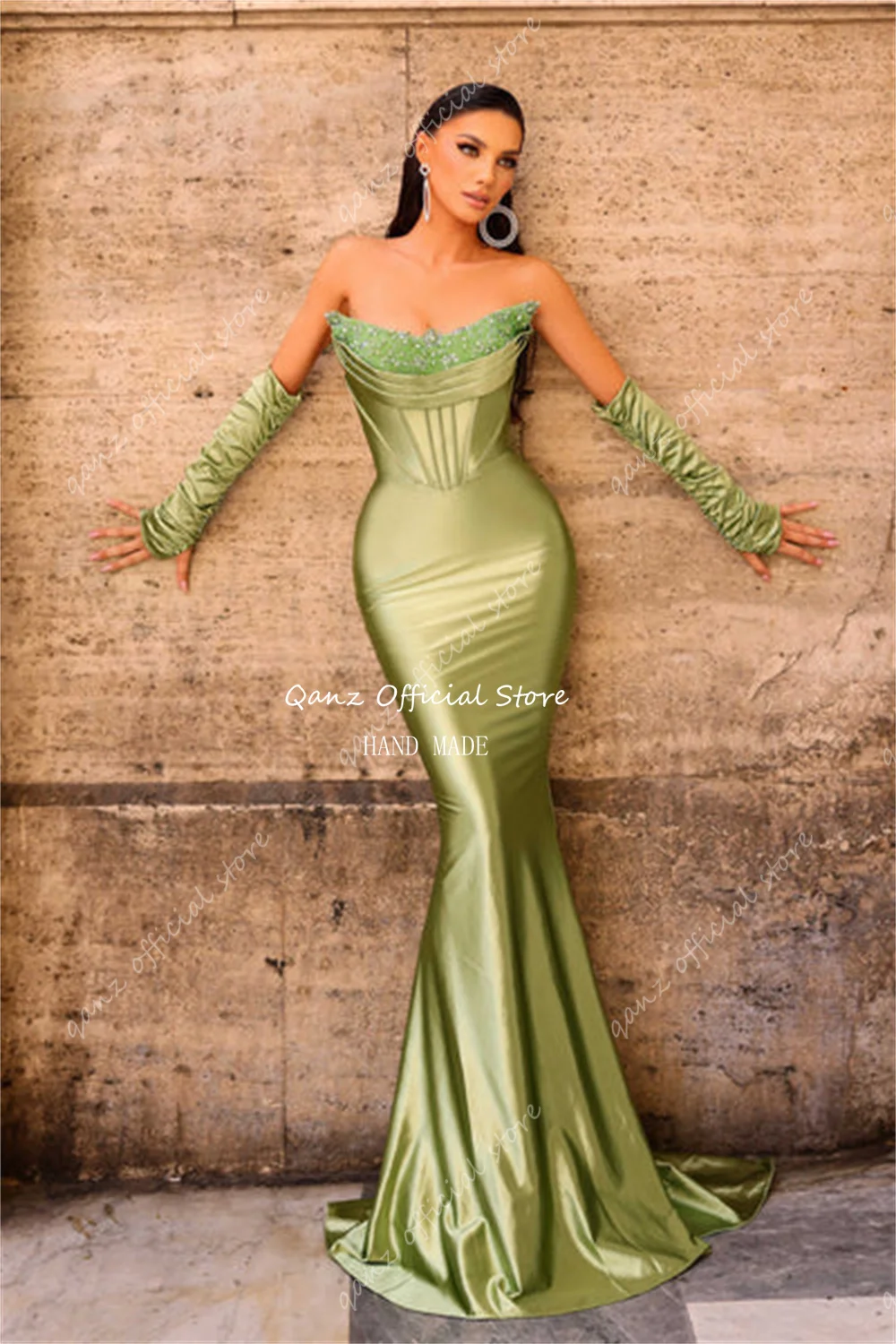 Qanz Sexy Sage Green Evening Dresses Half Sleeves Satin Mermaid Strapless Vestidos De Cerimonia Mulher Party Dresses Customized