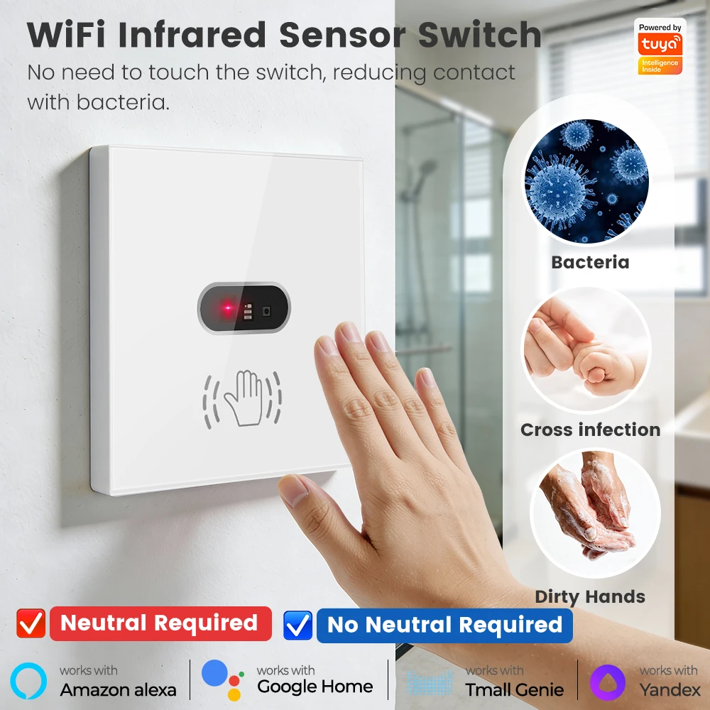SMATRUL Tuya Smart WiFi Hand Wave Switch Touchless Infrared Single Live Wire Neutral Wall Switch Alexa Google Home