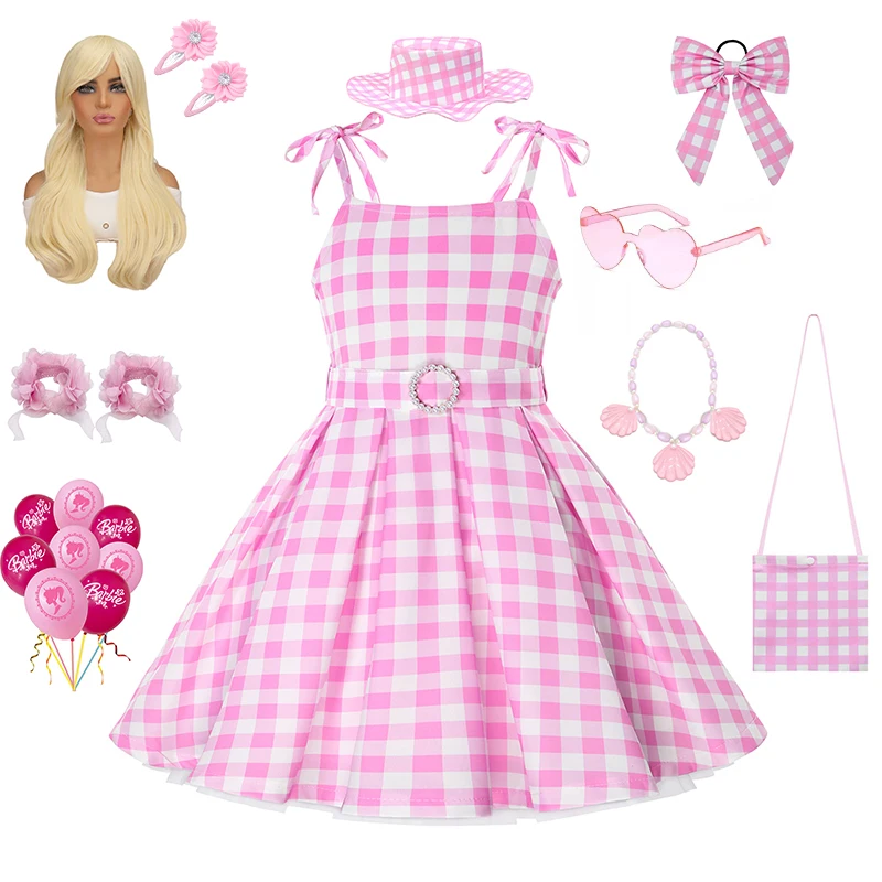 2024 Barbie Cosplay Costume for Girls Movie Margot Robbie Pink Dress for kids Pink Sleeveless Plaid Dress Girls Birthday Dress