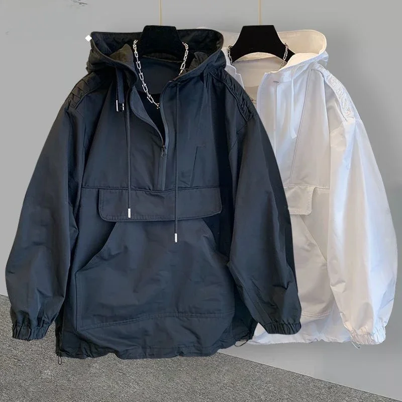

Summer Autumn Hooded Casual Men Jacket Half Zip Up Hoodie Pockets Cargo Tops Outdoor Sports Thin Light Pullover Sweatshirt New