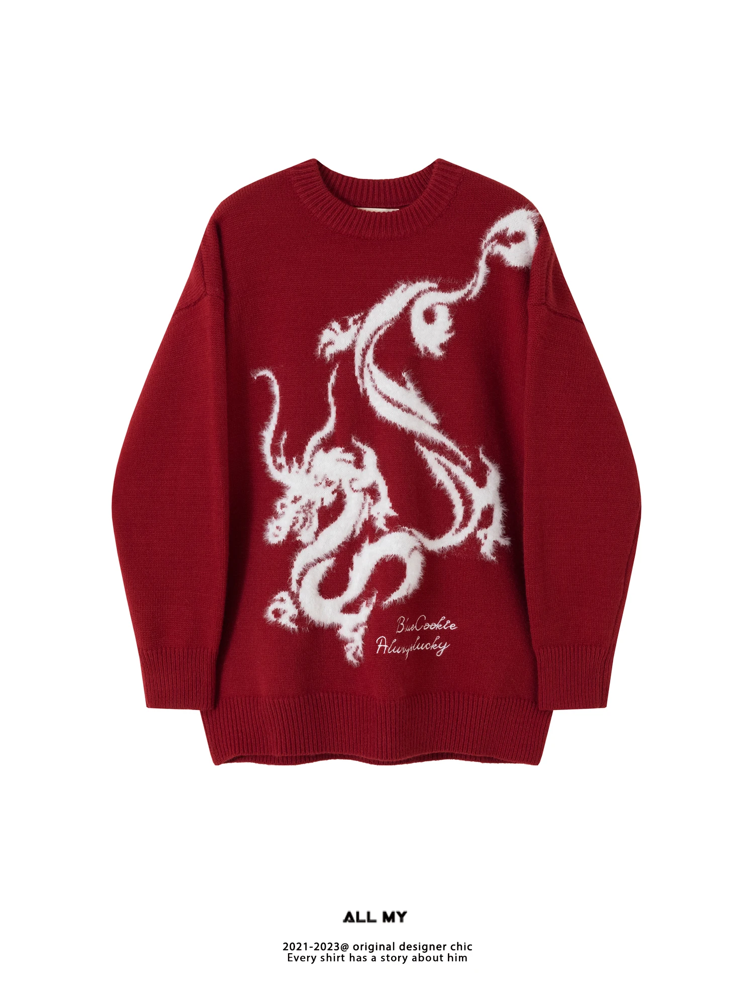

Original ALL MY ex Dragon Year Red round Ne Knitwear Couple Sle 2024 Streetwear Polyester Blend Long Sve Hoodie