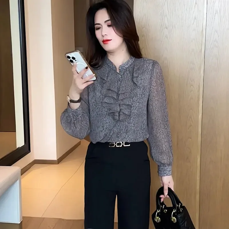 

Fashionable Stand Collar Polka Dot Printed Shirt Ruffled Long Sleeve Women's 2025 New Autumn Versatile Top