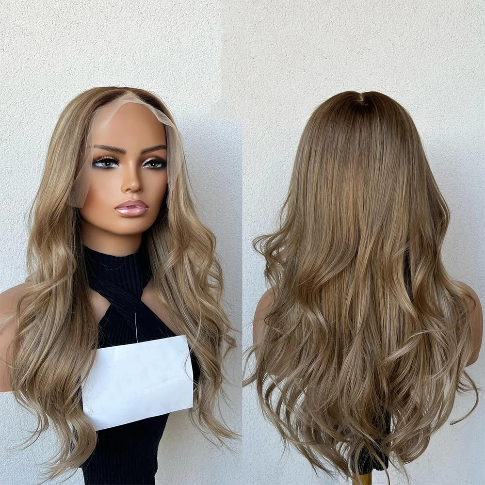 

Длинный волнистый синтетический парик с эффектом балаяж темно-русого цвета, с кружевной передней частью, с центральным пробором, без клея, из термостойкого волокна, 5% смешанного с человеческим волосом, парик с эффектом балаяж.