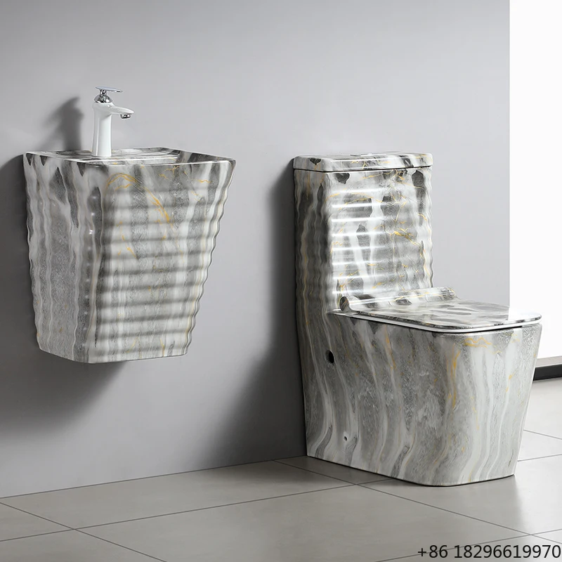 One Piece Floor Mounted Ceramic Toilet Sink Set S-Trap Dual Flush Black Gold Edge for Hotel