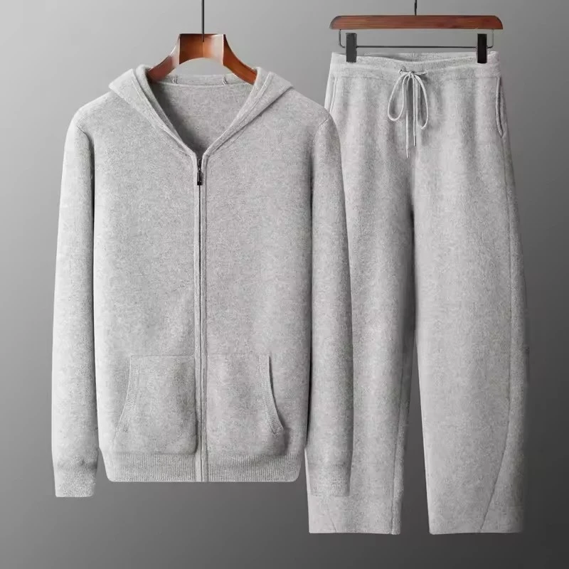 Men's Merino Wool Knitted Suit Hooded Zipper Cardigan Long Pants Tracksuit 100% Merino Wool Comfortable Breathable