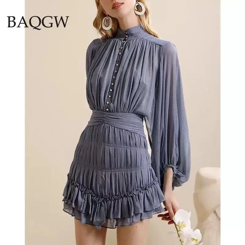 Elegant Tierred Ruffles Fashion Dress for Women Button Up Autum Long Sleeve Chic Slim Hem Mini Dresses Lay Beach Party Vestido