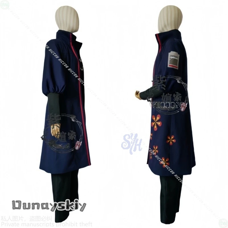 เสื้อโค้ทแฟชั่นพังก์สีน้ำเงินเข้มลายดอกไม้ สำหรับคอสเพลย์ตัวละครเจียฮวน จากอนิเมะเกม Limbus Company {BankaiMode} เหมาะสำหรับงานปาร์ตี้ฮาโลวีนและคริสต์มาส