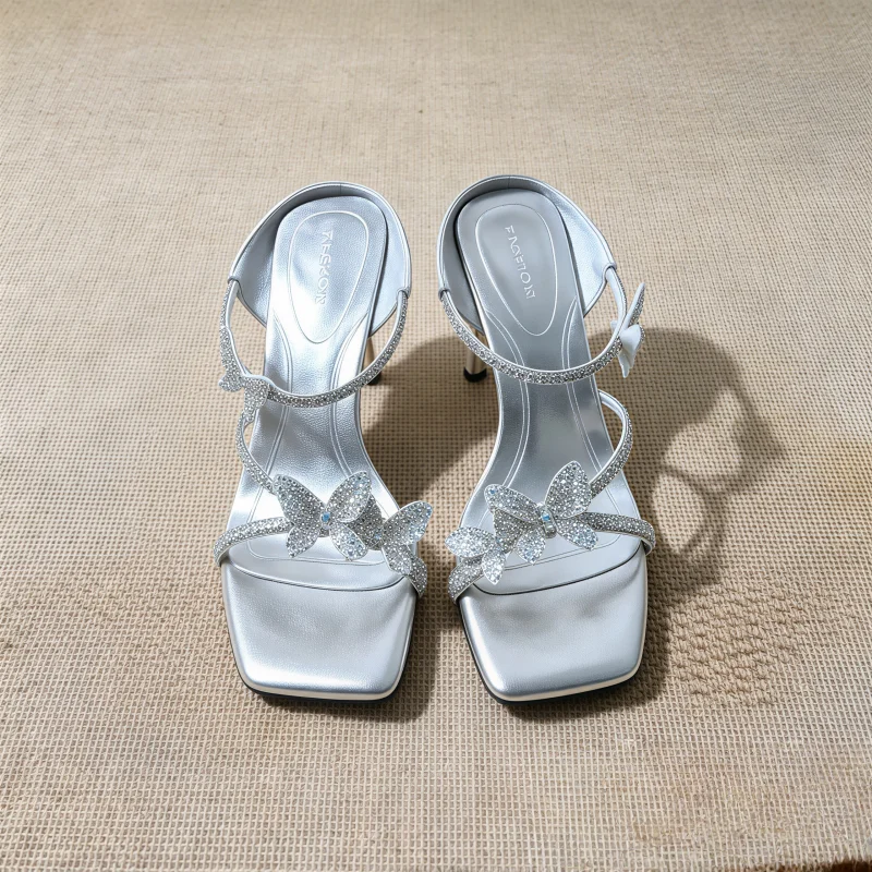 Rhinestone Butterfly Clip Foot Cool Drag Women 2026 New Outside Wear Square Toe Block Heel High-end Slip Slippers
