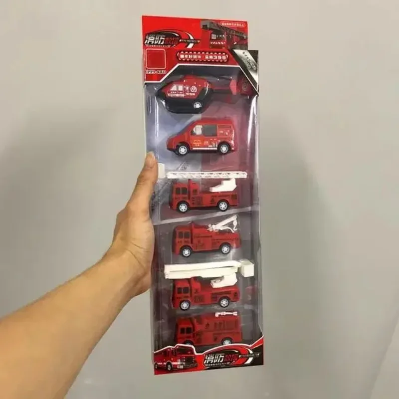 6Pcs Car Model Toy Fire Truck Airplane Police Engineering for Boys Christmas Gift Diecast 1/64 Voiture Pull Back Toys
