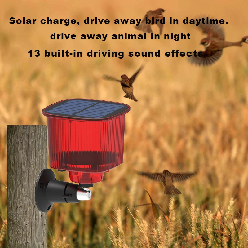 الطيور الشمسية/الحيوان مبيد محرك الحيوانات البرية لحماية المحاصيل 13 المدمج في القيادة تأثير الصوت تهمة الشمسية IP55 مقاوم للماء