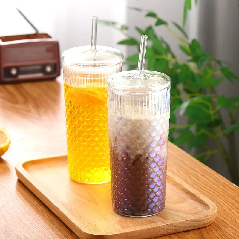 Fish Scale Pattern Stripe Glass Water Bottles with Lid and Straw Transparent Drinking Glasses High Appearance Level Coffee Cups