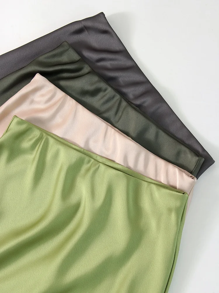 Streamgirl Maxi Solid Slit Skirts For Women Long Elegant Summer Office Champagne Satin Skirts Elastic Waist Women's Summer Skirt