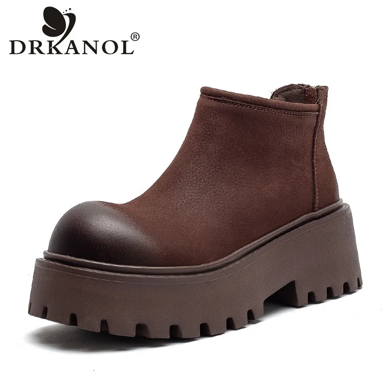 

DRKANOL Retro Style Women Thick Heel Ankle Boots Big Toe Cow Genuine Leather Shoes Back Zipper High Heel Platform Short Boots