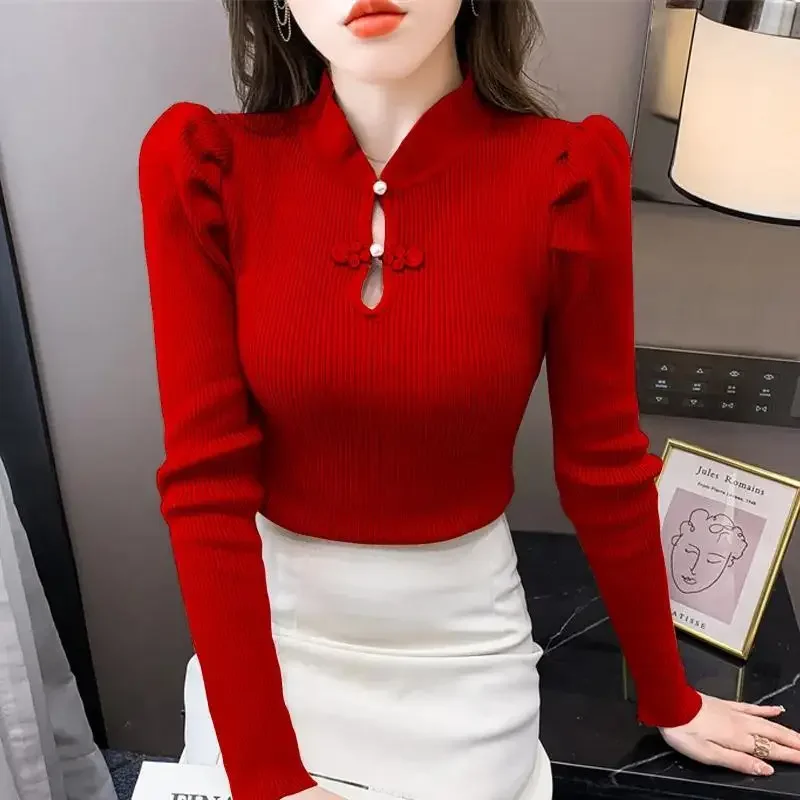 Autumn and Winter Fashion Half High Collar Button Knitted Bubble Sleeve Temperament Commuter Slim Fit Women's Sweater V1606