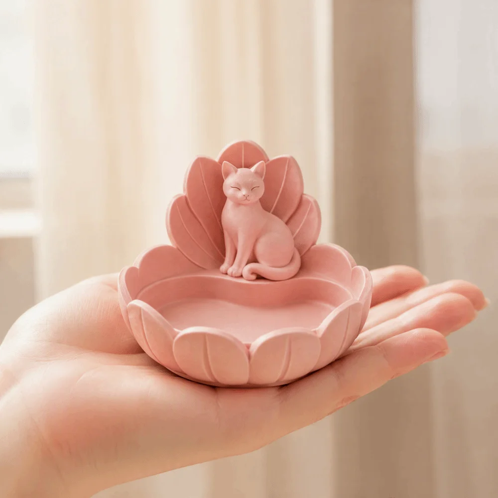 Office Resin Material Jewelry Storage Tray Cute Lotus Shape Cat Figurine Holder Vintage Lightweight Trinket Dish Home Decoration