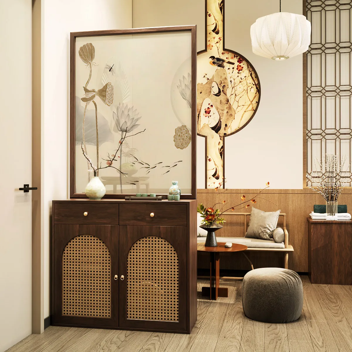 Embroidery screen lotus pattern solid wood screen shoe cabinet integrated partition entrance cabinet