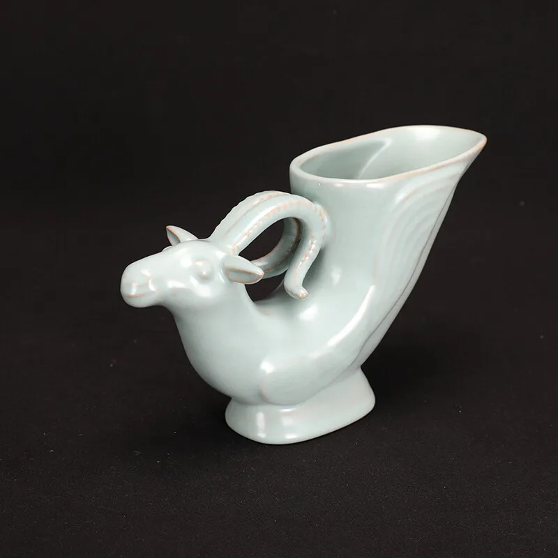 

9.6" China Song Ruyao Green Glaze Porcelain Animal Goat Head Cup